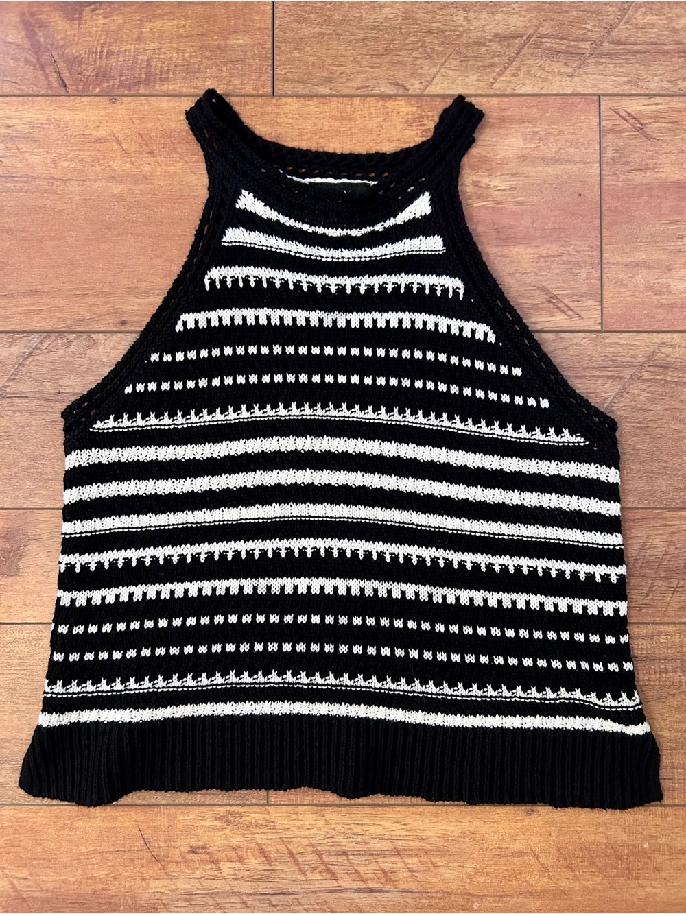 BCX Black and White Striped Knit Halter Tank
